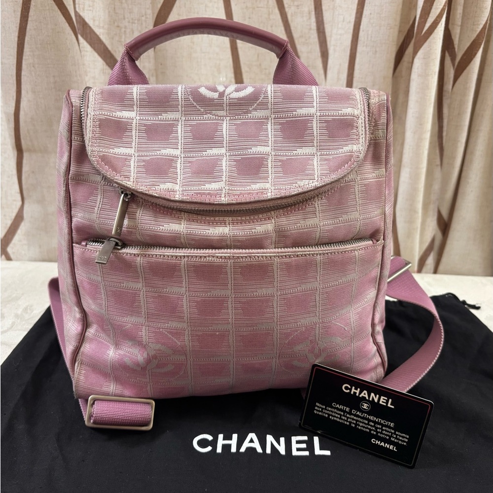 CHANEL Pink Quilted Logo Nylon Backpack